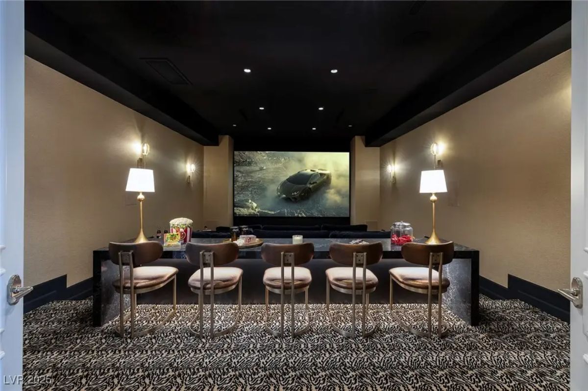 Theater room has a large projection screen and rows of plush seating with barstool-style chairs in the back.