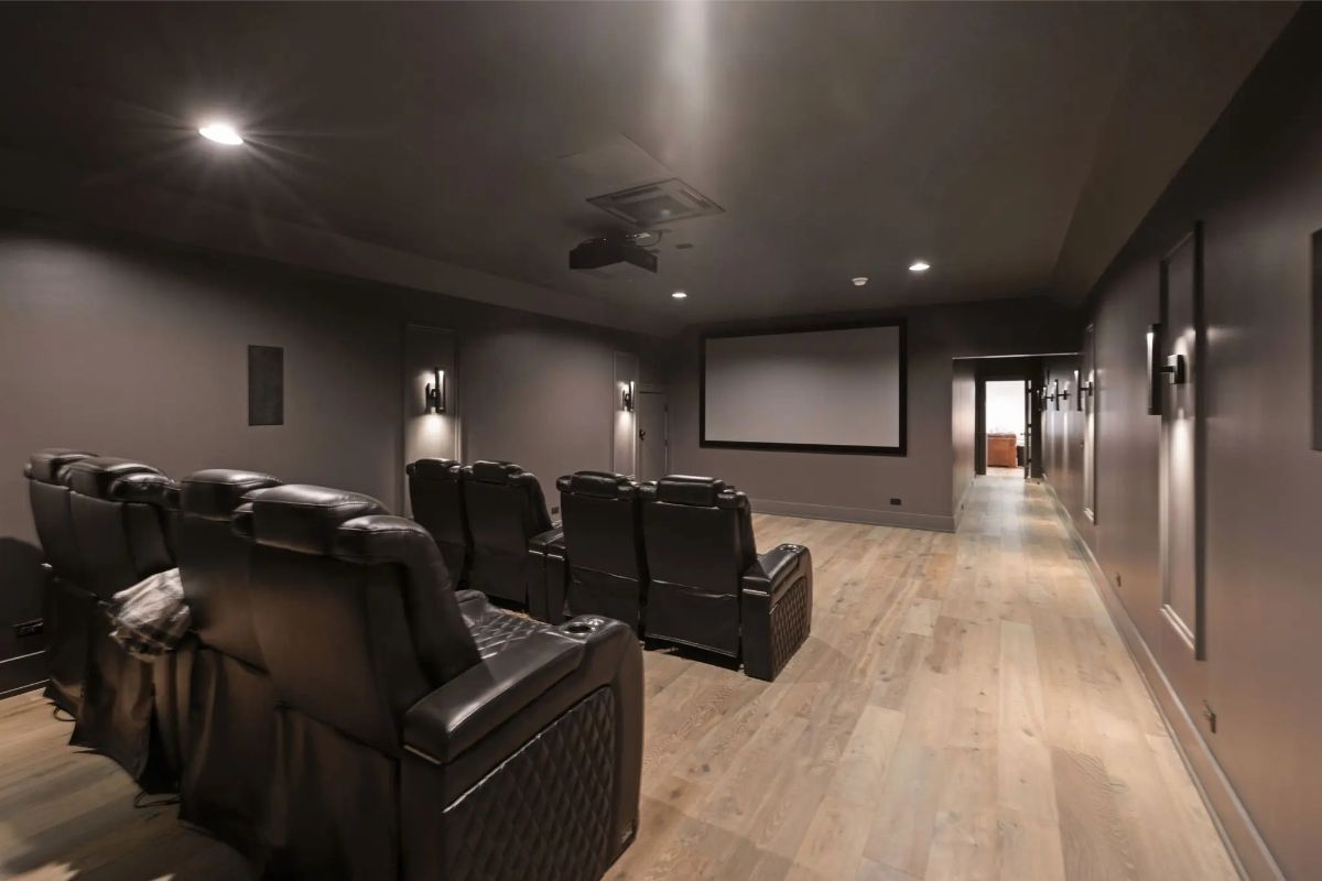 Home theater with leather recliners, dimmed lighting, and a full wall projection screen. 