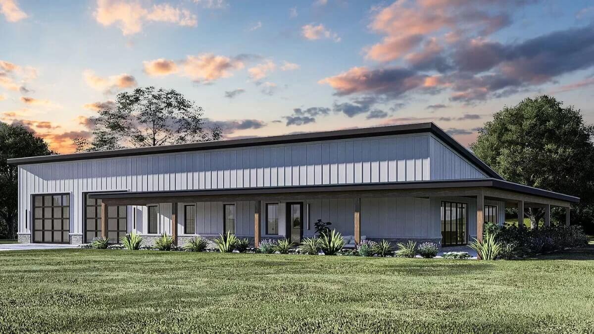 Modern Farmhouse with a Low-Sloping Roof and Spacious Porch