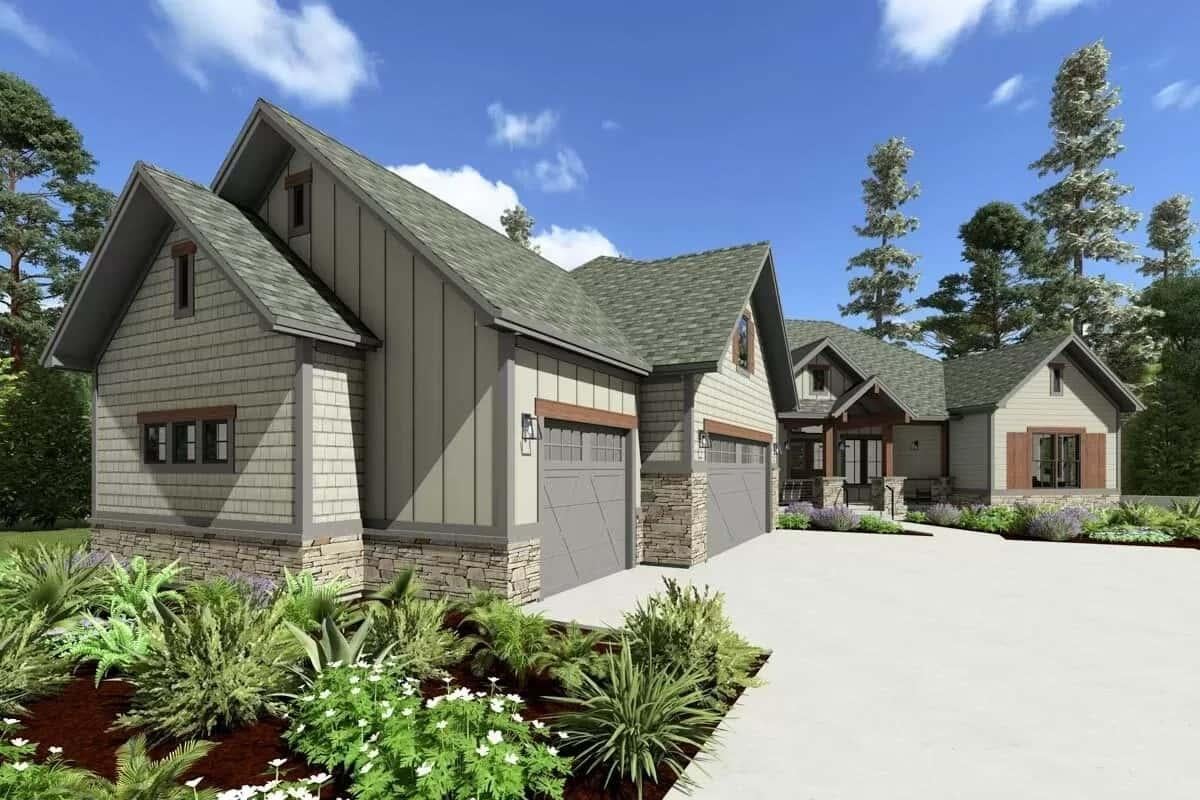 Admire the Triple Gabled Roof and Stone Detailing on This Craftsman Facade