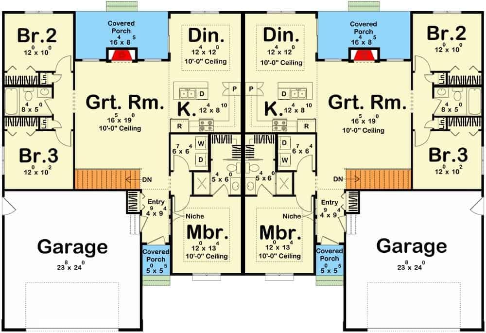 Symmetrical Floor Plan with Dual Great Rooms and Kitchens