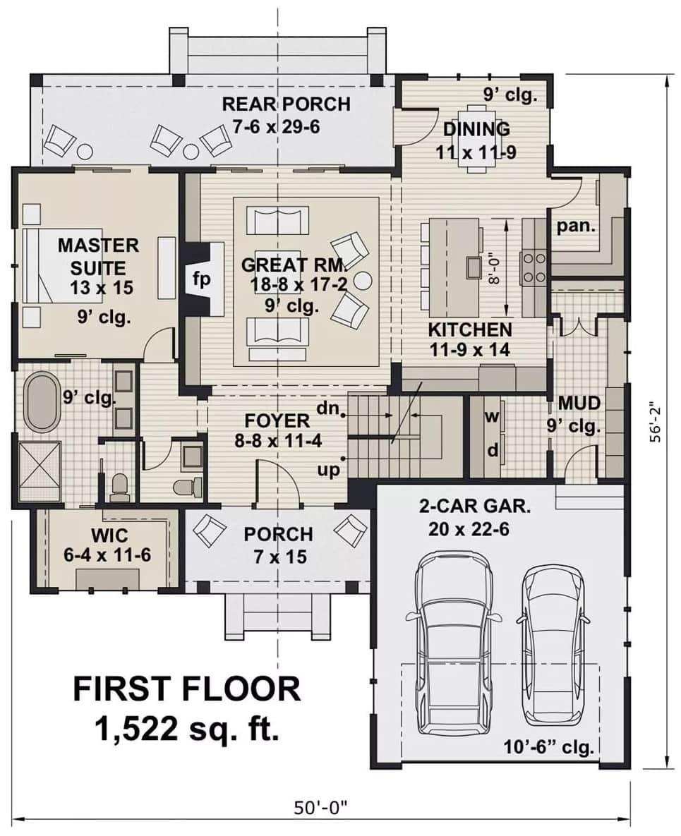 Craftsman Floor Plan with an Intimate Great Room and Cozy Rear Porch