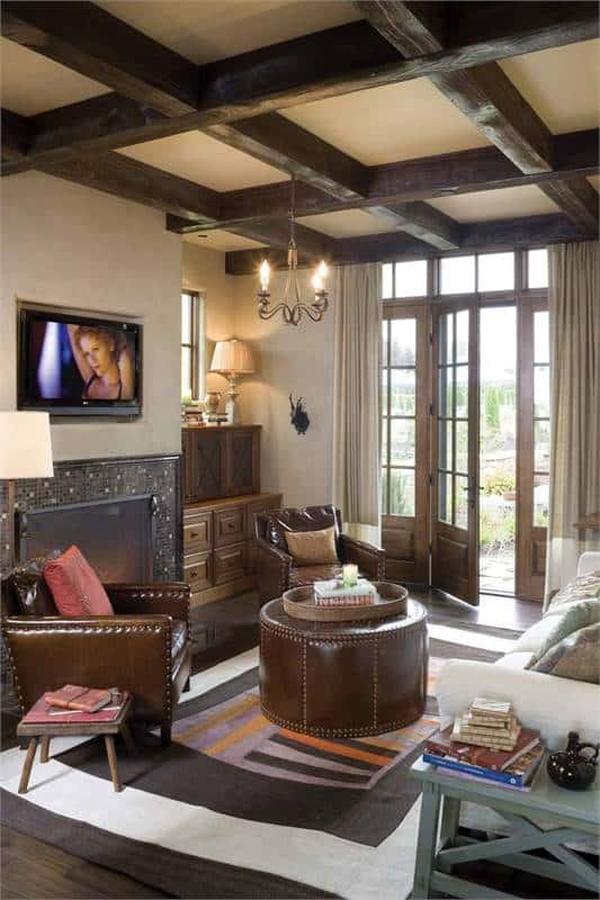 Check Out the Classic Wooden Coffered Ceiling in This Cozy Living Room