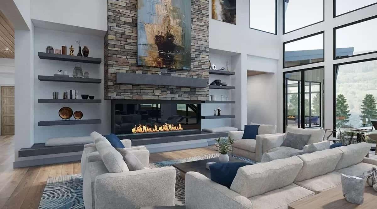 Wow, This Living Room Features a Stone Fireplace with Dynamic Built-in Shelving