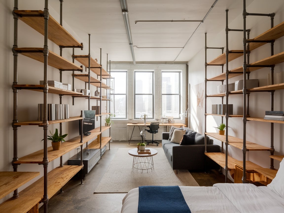 19. Industrial Pipe Shelving in a Studio Apartment