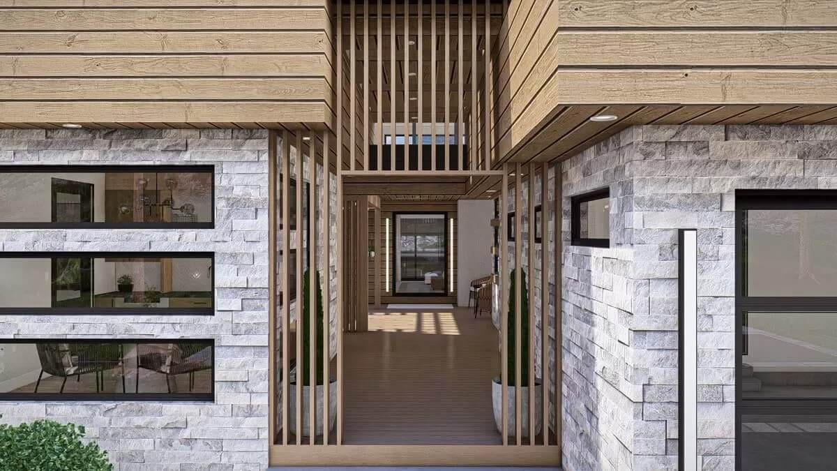 You Have to See This Stunning Entryway Framed in Wood Slats