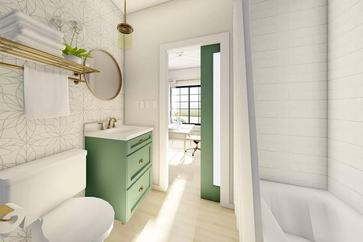 Compact Bathroom with Green Vanity and Botanical Wallpaper