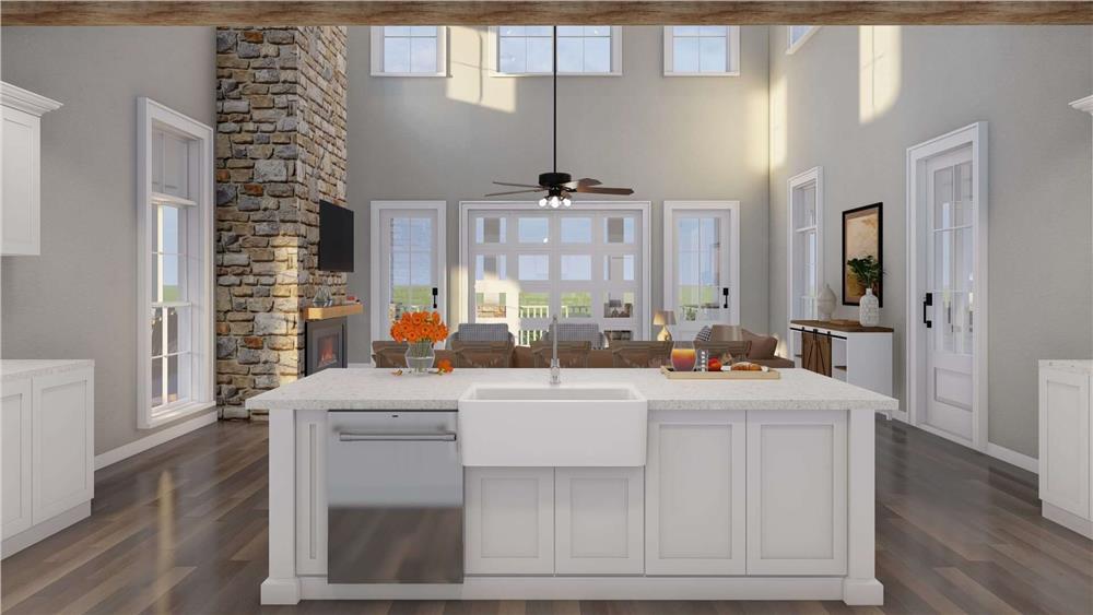 Notice the Stone Fireplace as the Heart of This Open Kitchen-Living Space