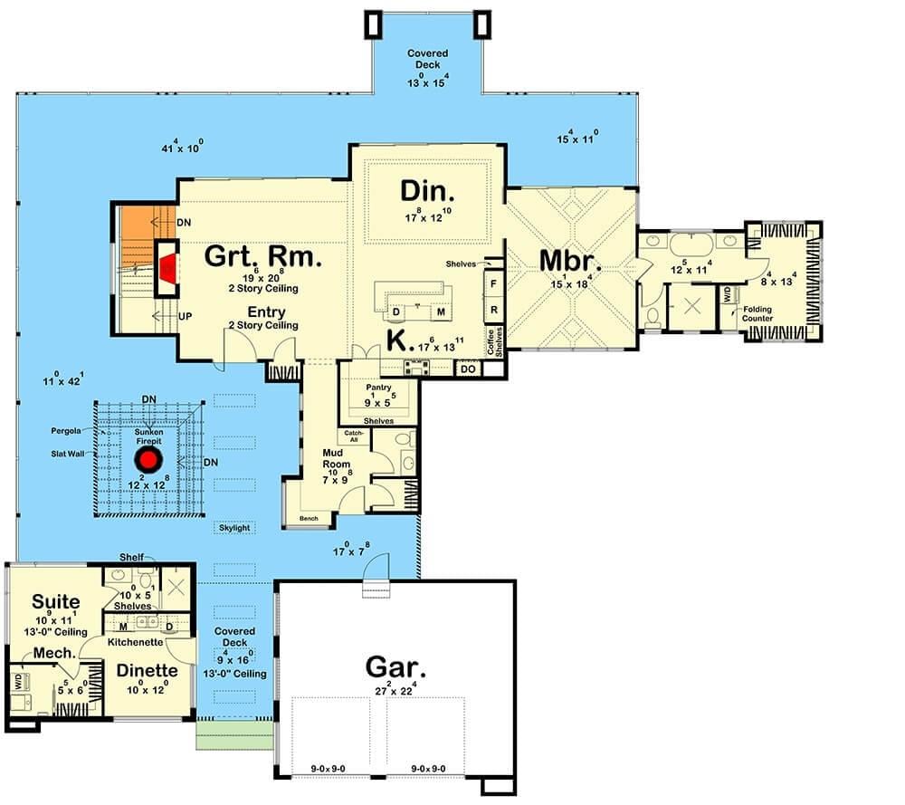 Spacious Main Floor Plan Featuring a Sunken Firepit and Pergola-Covered Patio