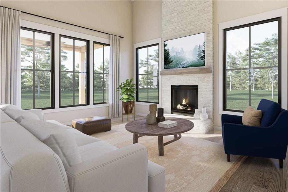 Notice the Brick Fireplace Anchoring This Modern Living Room