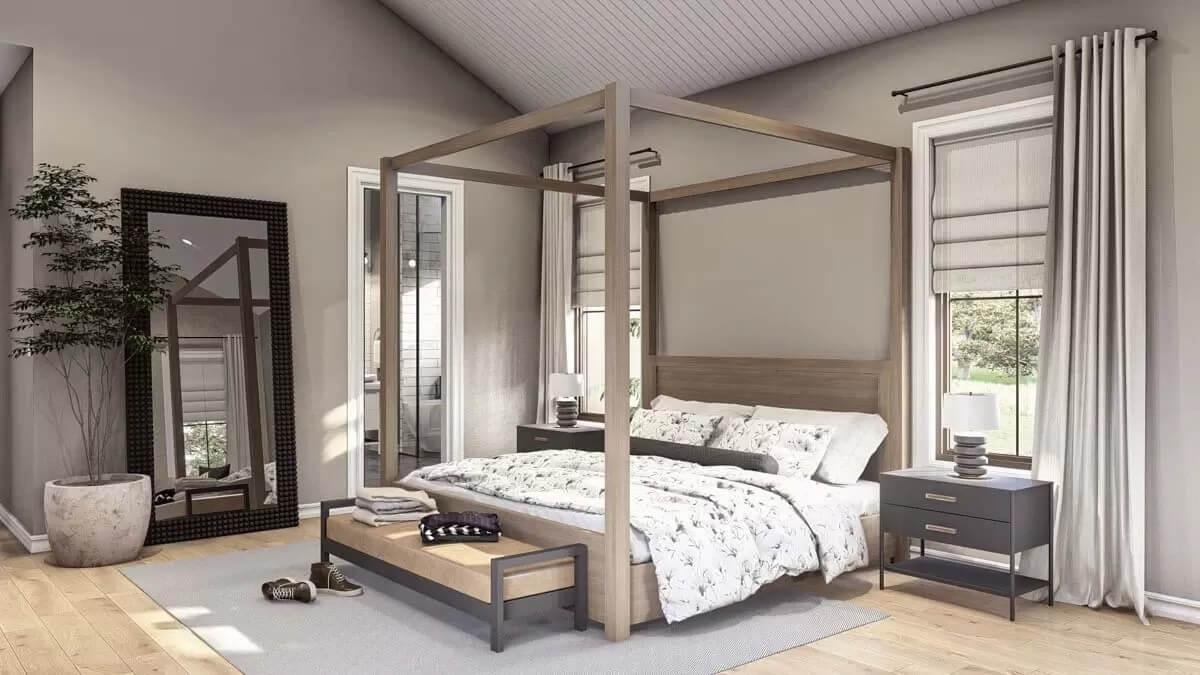 Elegant Bedroom with a Sleek Canopy Bed and Floor Mirror Reflection