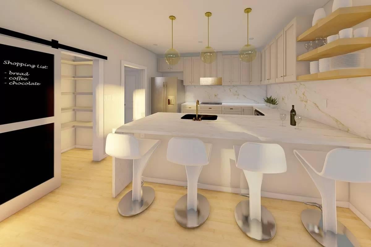 Check Out the Built-in Pantry Next to This Spacious Kitchen Island