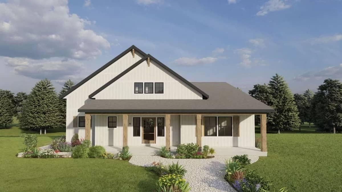 Farmhouse Facade with Striking Black Trim and Rustic Wooden Beams