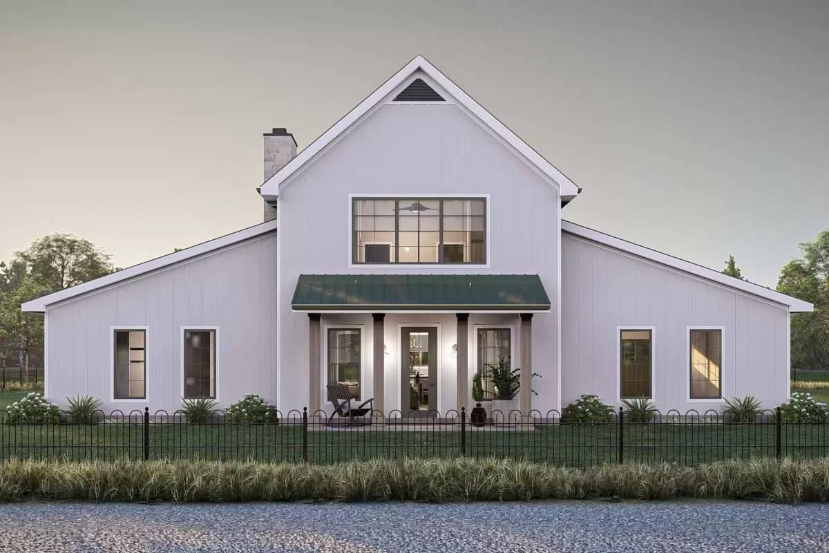 Green Metal Roof and Symmetrical Gables in a Modern Farmhouse Look