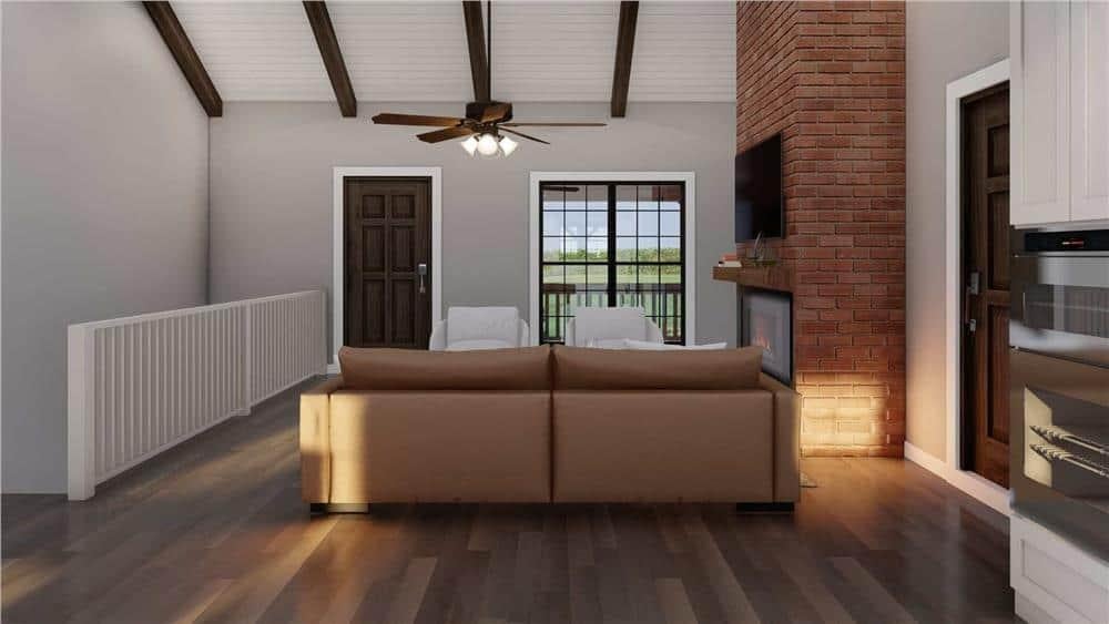 Spot the Exposed Beams and Cozy Brick Fireplace in This Living Room