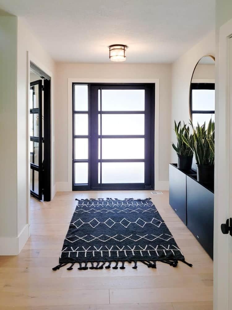 Sleek Entryway with Bold Black Accents and a Statement Rug