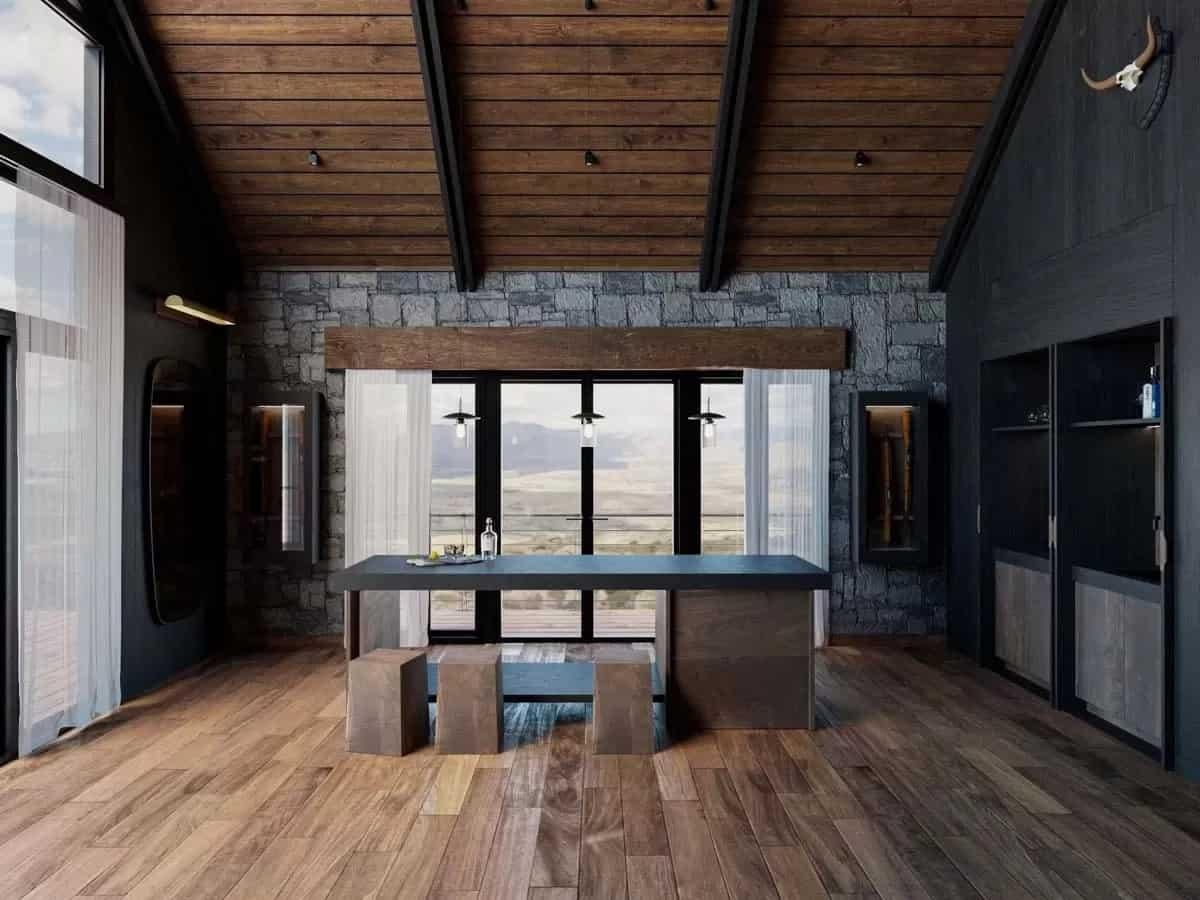 Rustic Stone Kitchen with Vaulted Wood Ceiling