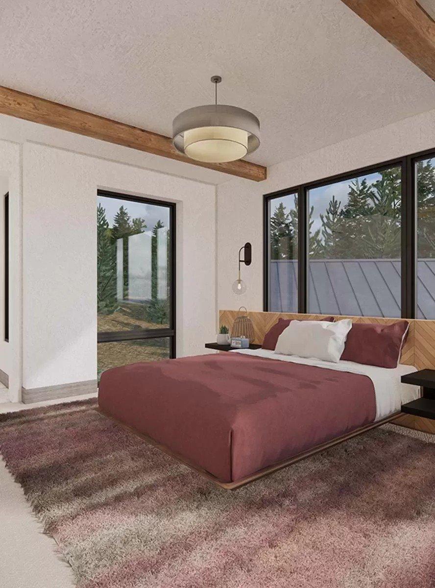 The Perfect Blend: Cozy Bedroom with Rustic Beams and Modern Lighting