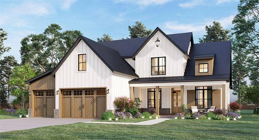 Chic Farmhouse Exterior with Eye-Catching Wooden Garage Doors