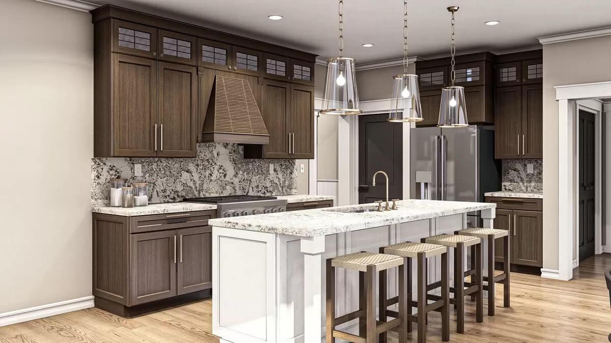 Gorgeous Marble Backsplash Complements Rich Wood Cabinets in This Kitchen