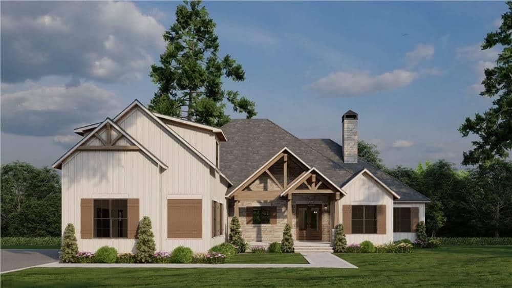Notice the Gabled Entryway Framed by Stone and Wood Accents
