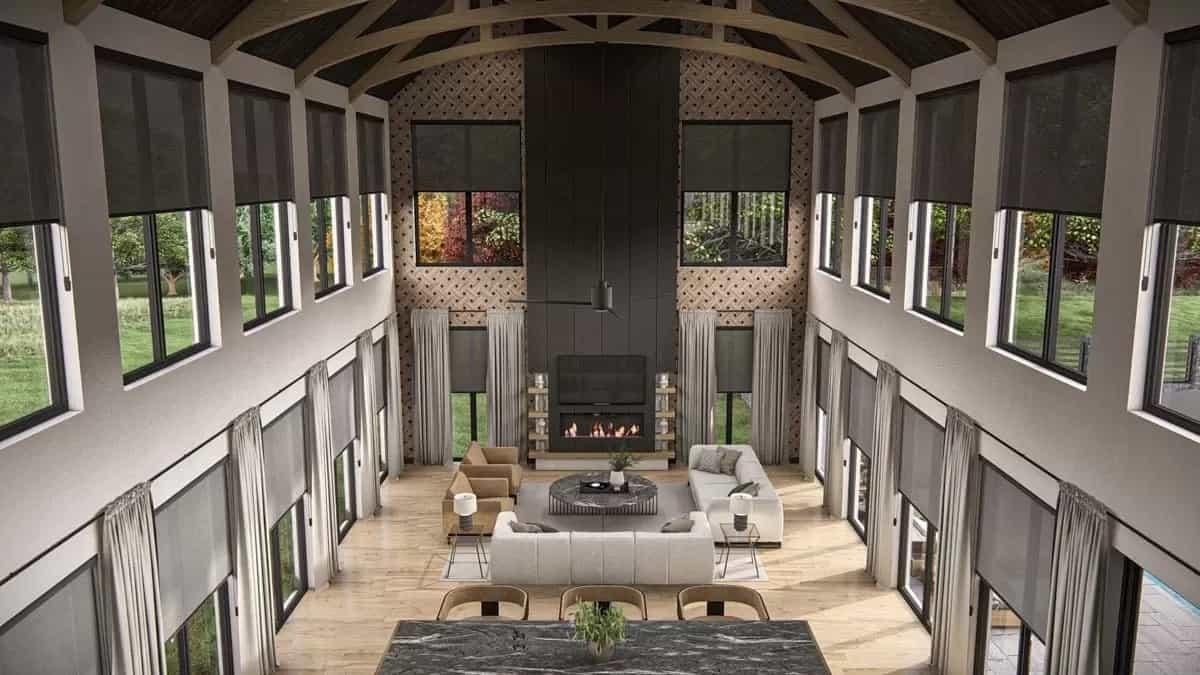 Dramatic Great Room with Vaulted Ceilings and Bold Fireplace