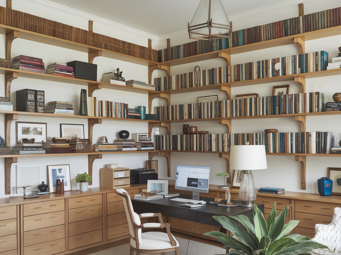 11. Home Office with Wall-to-Wall Shelving