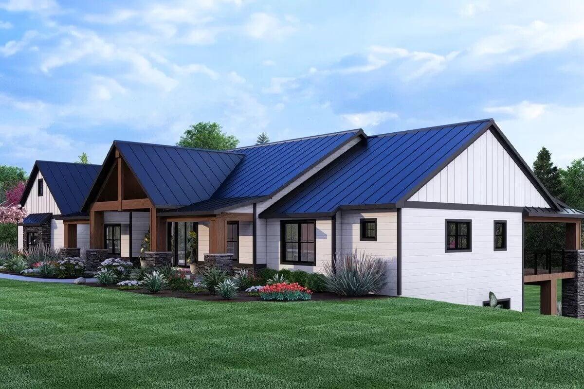 Admire the Striking Metal Roof and Timber Accents on This Contemporary Farmhouse