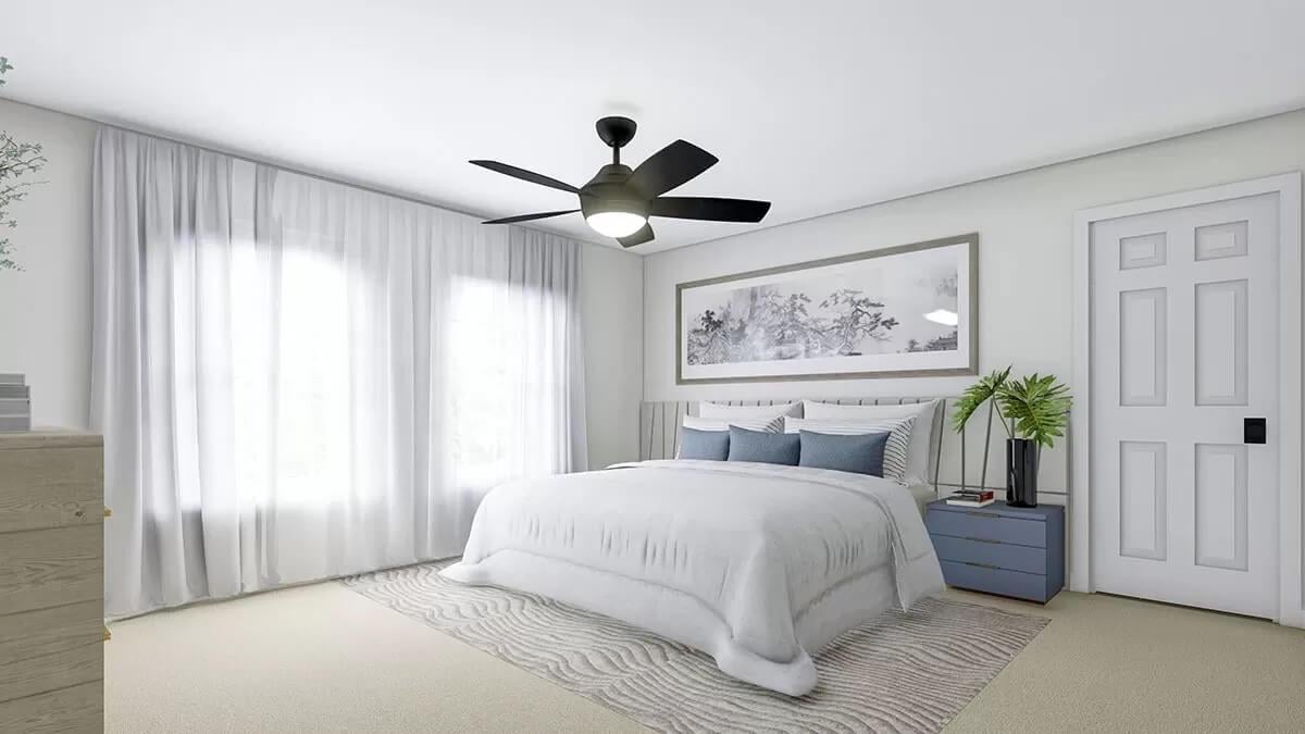 Serene Bedroom with Modern Ceiling Fan and Soft Textures