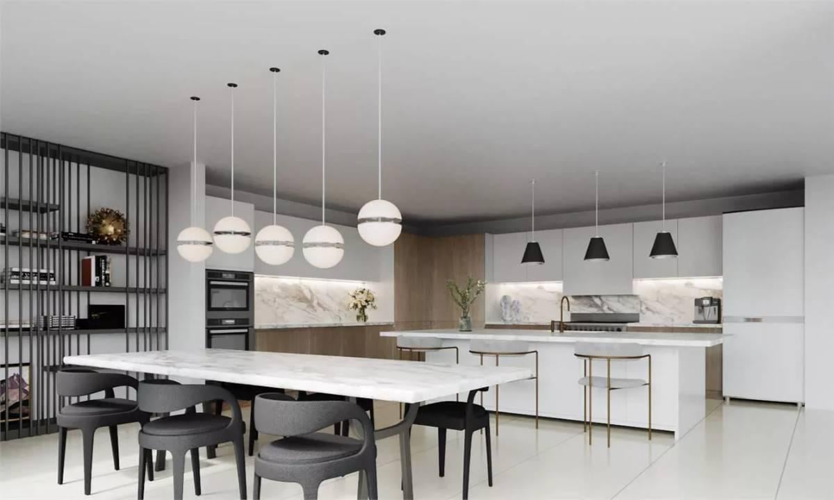 Check Out the Sleek Marble Countertops and Contemporary Lighting