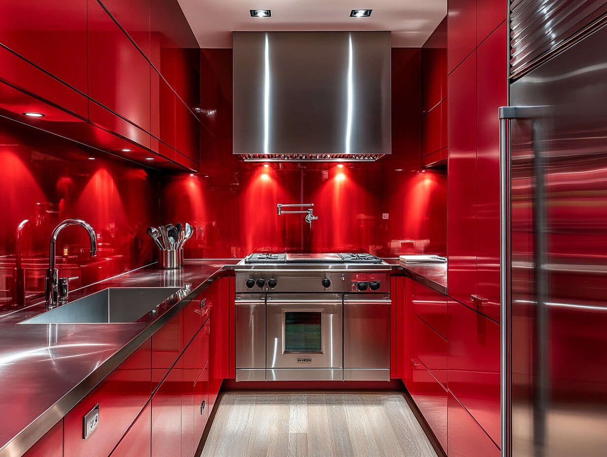 3. Red Cabinets with Stainless Steel Accents
