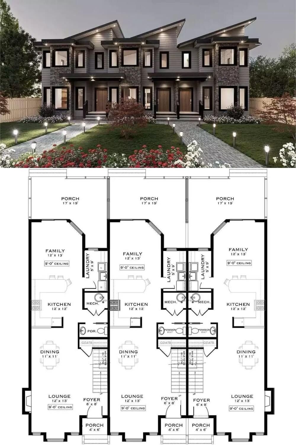 This modern triplex features a bold and contemporary exterior that blends clean lines with dynamic architectural accents. The facade incorporates a mix of horizontal siding and stonework, adding texture and contrast across the structure. Each unit is individually defined by its own entrance, framed under sleek covered porches, while asymmetrical rooflines and oversized windows give the home a distinctly modern presence.