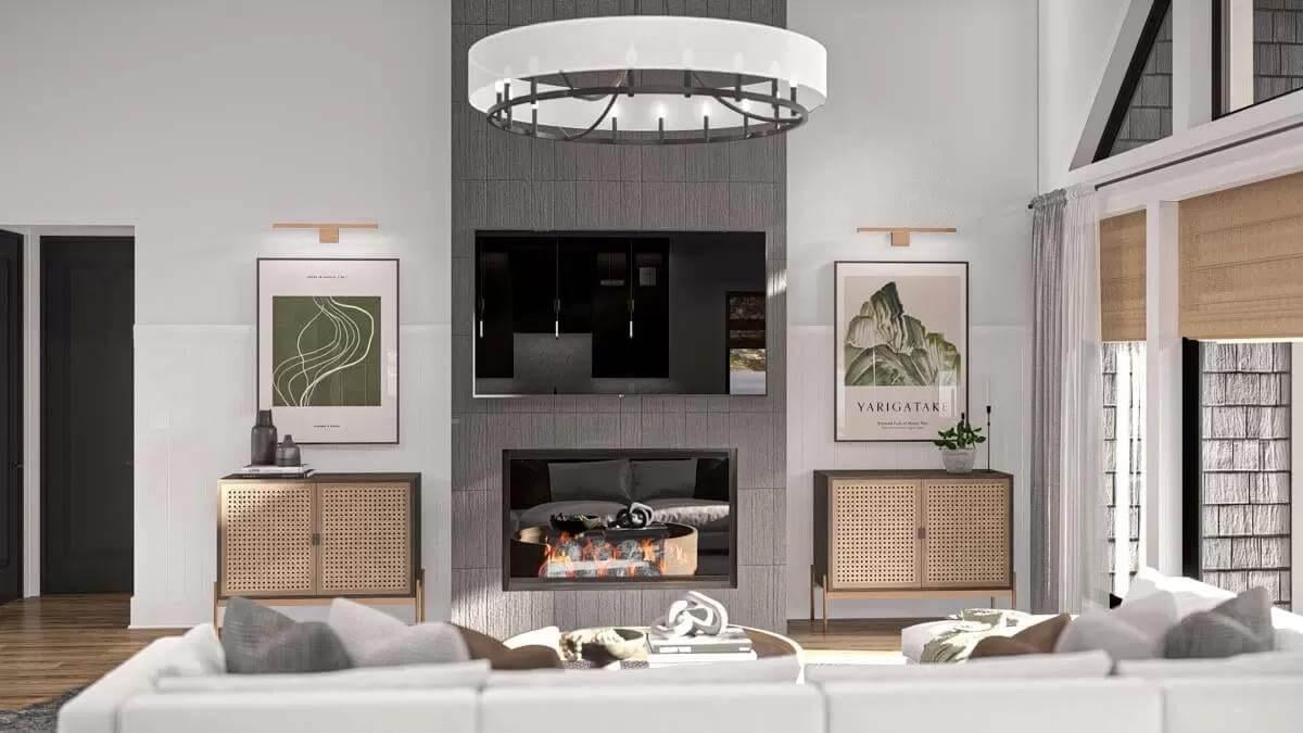 Modern Great Room with Statement Lighting and Mid-Century Style