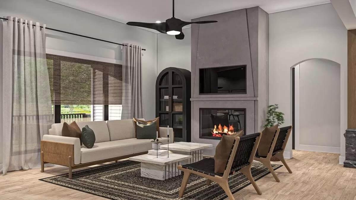 Modern Living Room with Arched Cabinet and Cozy Fireplace