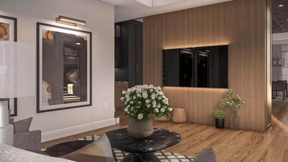 Explore the Elegance of Textured Wood Paneling in This Sleek Living Area