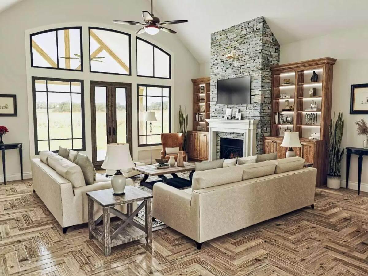 Discover the Stone Fireplace Anchoring This Light-Filled Living Room