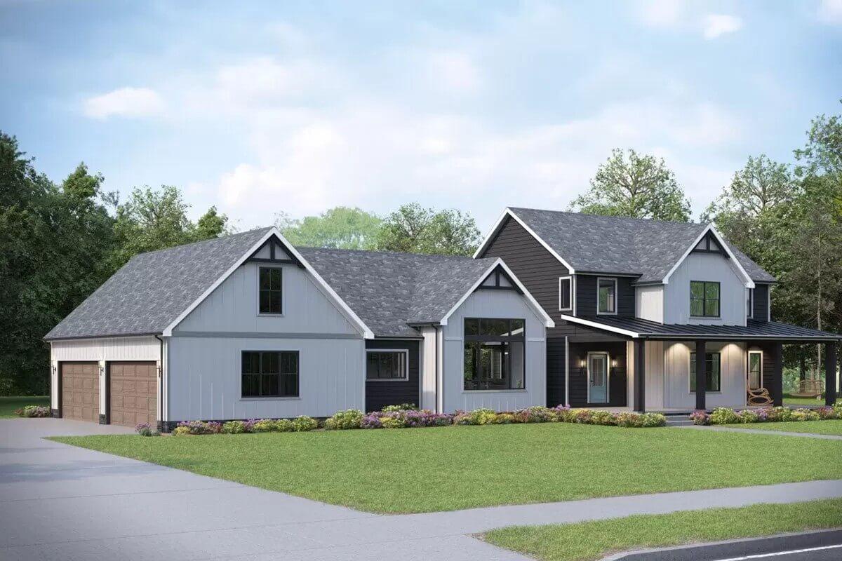 Striking Farmhouse with Dual-Tone Siding and Quaint Swing Detail