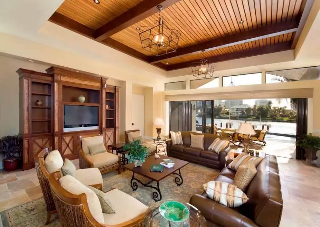 Spacious Living Room with a Striking Wood-Beamed Ceiling