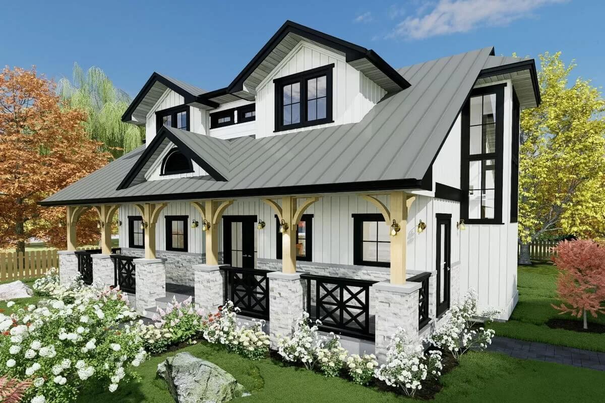 Admire the Arched Entryway and Bold Black Trim on This Craftsman Gem