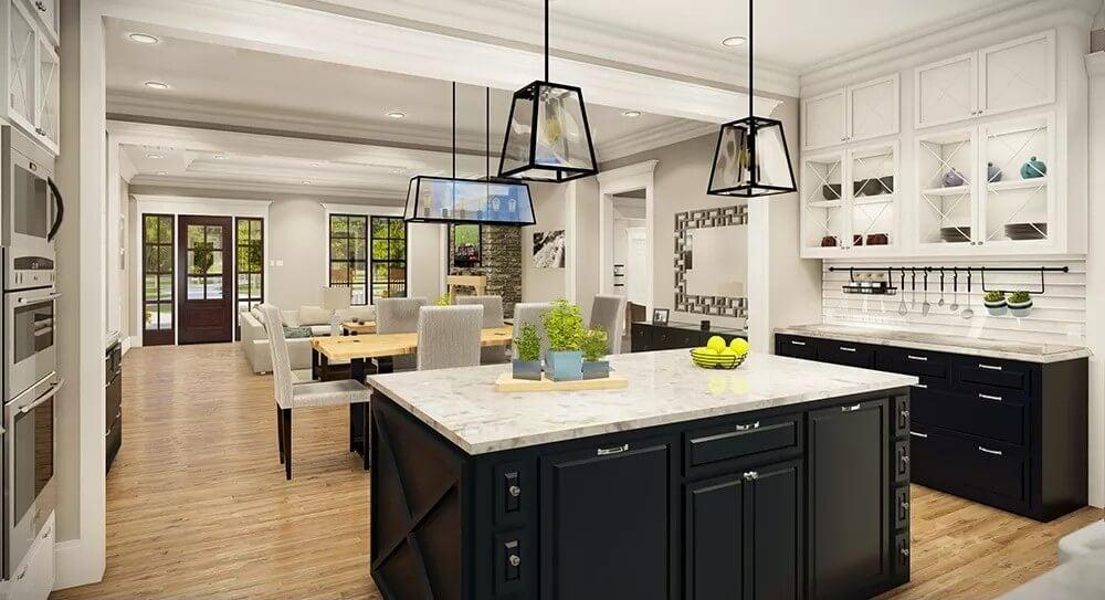 Spacious Kitchen with Bold Black Island and Pendant Lights