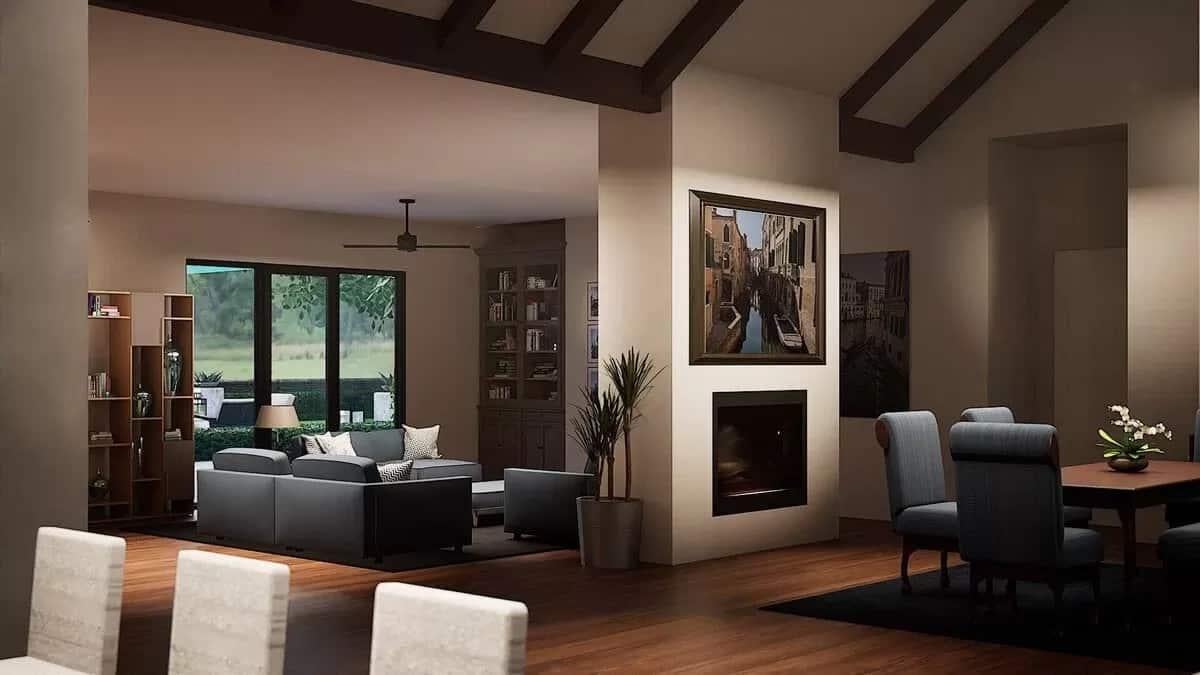 Open Living Space Featuring Vaulted Ceilings and a Cozy Fireplace
