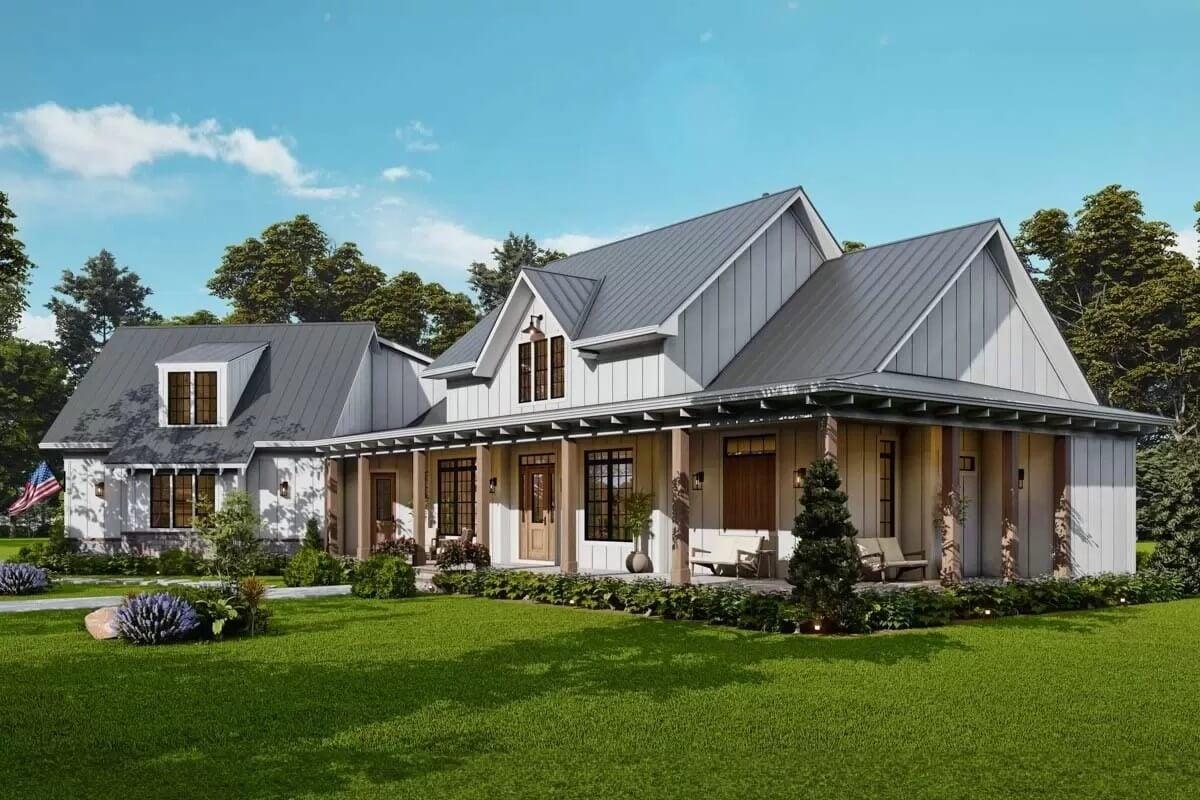 Farmhouse Elegance with Board-and-Batten Siding and Dormer Windows
