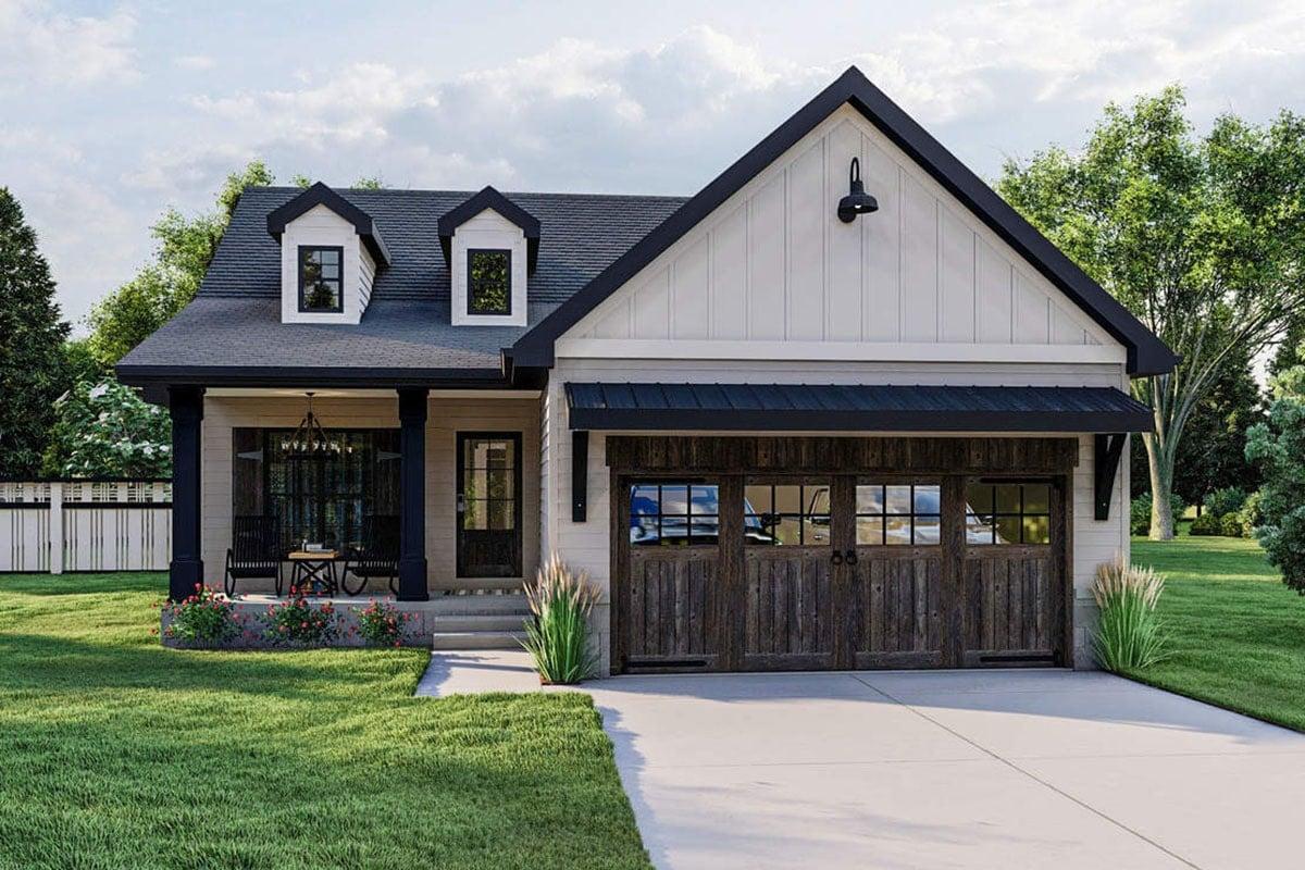 Charming Farmhouse Exterior with Rustic Wooden Garage Doors