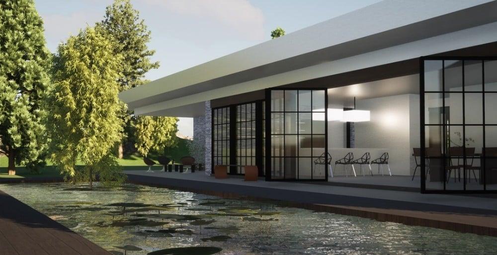 Wow, Look at These Expansive Glass Doors Opening to a Tranquil Pond