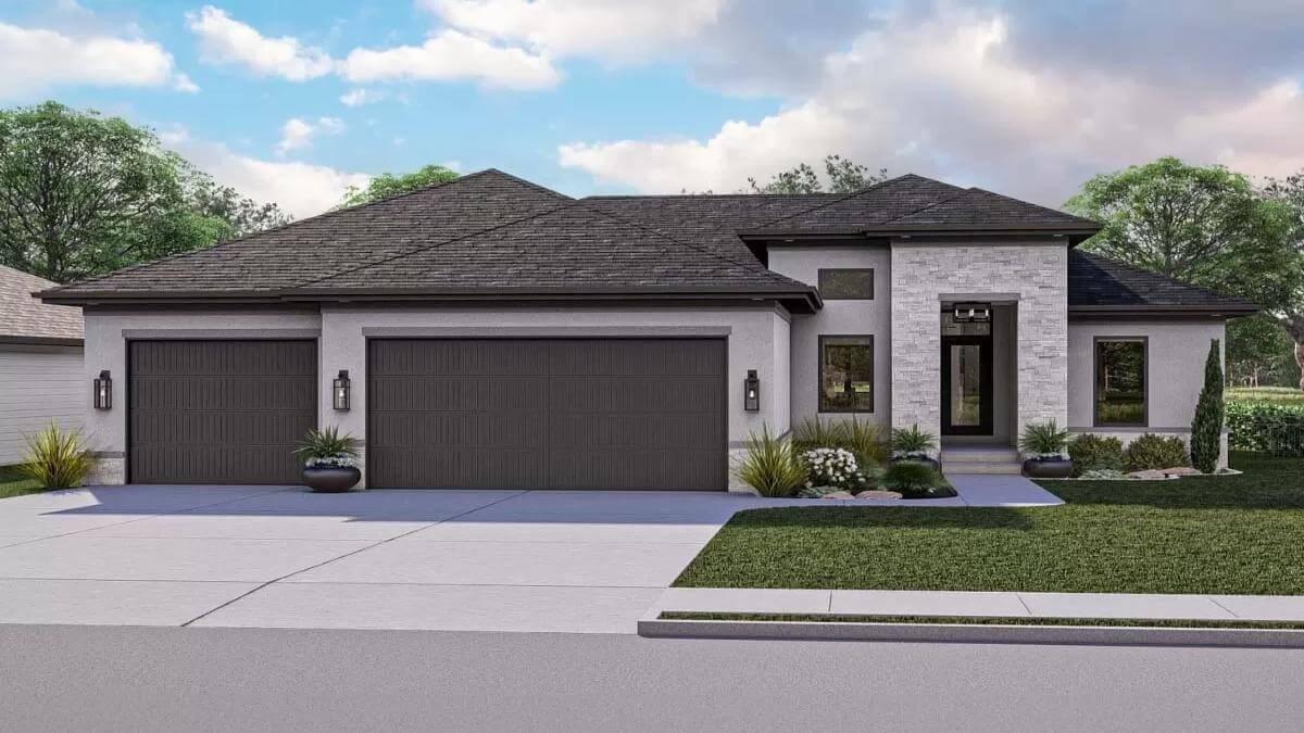 Modern Facade with Clean Lines and a Three-Car Garage