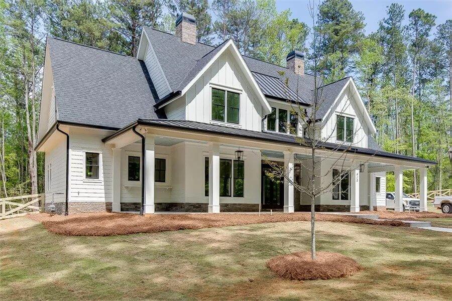 Classy Front Porch Highlighting Symmetrical Dormers and Stone Accents