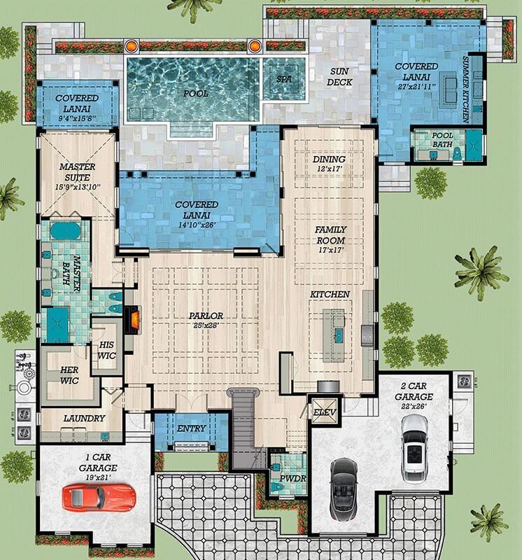 Expansive Floor Plan Highlighting Dual Lanai Spaces and a Central Parlor