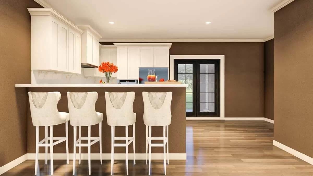Modern Kitchen with Eye-Catching Bar Stools and Crisp White Cabinets
