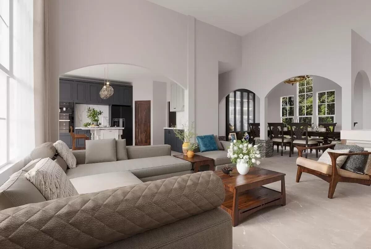 Open-Concept Living Space with Arched Doorways Stealing the Show