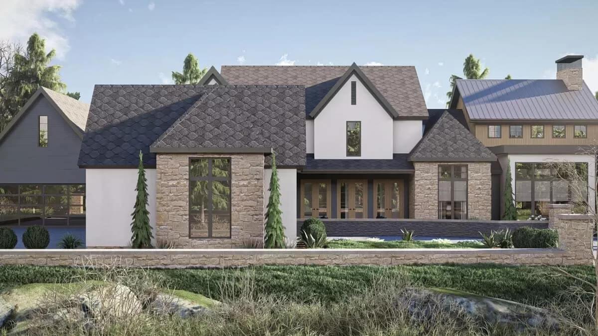 Striking Stone and Siding Exterior with Contrasting Rooflines